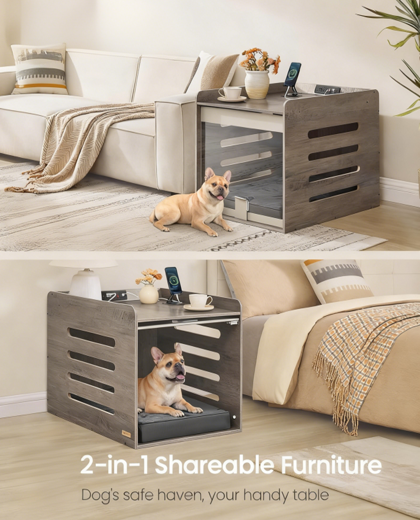 🐶Modern Dog Crate Furniture with Charging Station⚡Kennel Indoor with Flip-up Hidden Acrylic Door
