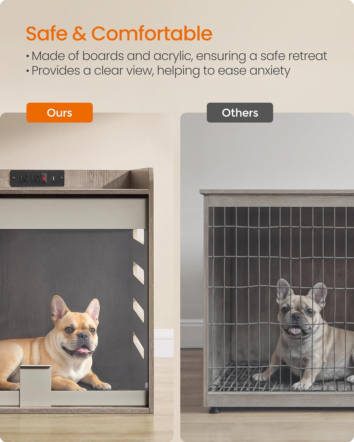 🐶Modern Dog Crate Furniture with Charging Station⚡Kennel Indoor with Flip-up Hidden Acrylic Door