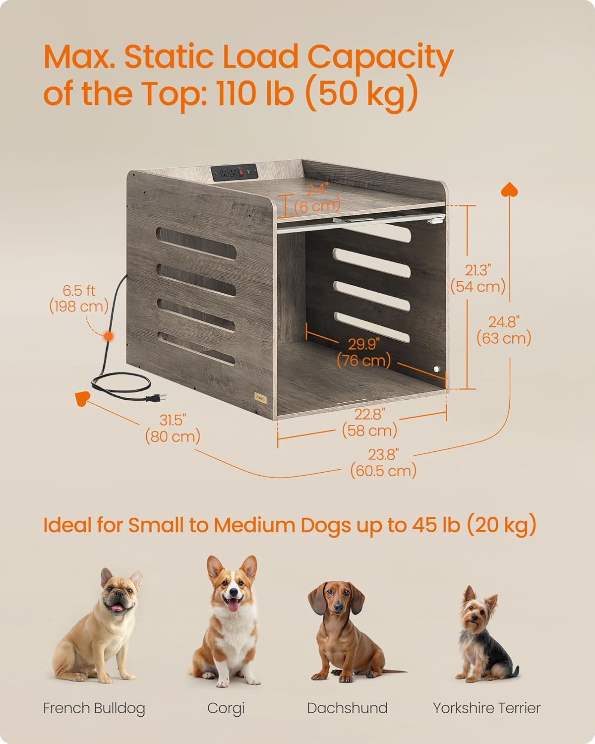 🐶Modern Dog Crate Furniture with Charging Station⚡Kennel Indoor with Flip-up Hidden Acrylic Door