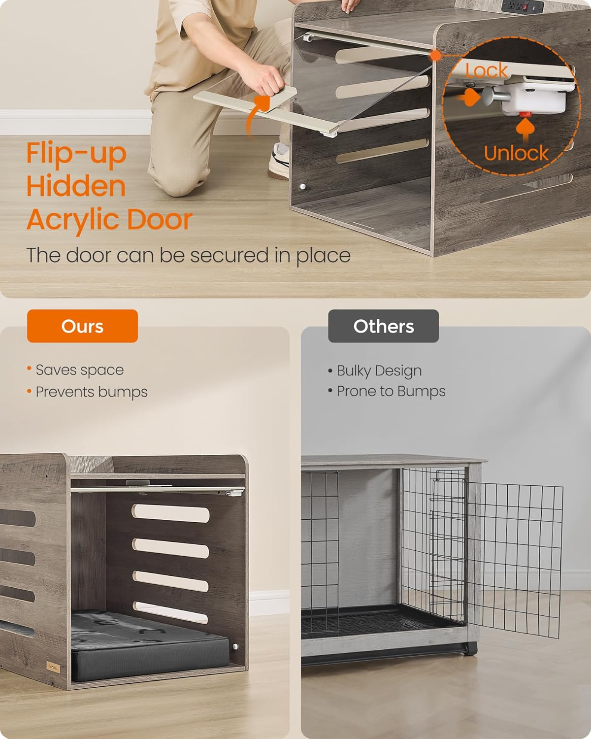 🐶Modern Dog Crate Furniture with Charging Station⚡Kennel Indoor with Flip-up Hidden Acrylic Door