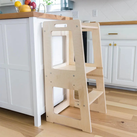 Toddler tower, Kitchen Tower Step Stool for Montessori Learning and Development in Natural wood with Adjustable Heights