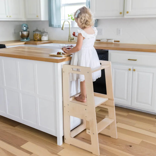 Toddler tower, Kitchen Tower Step Stool for Montessori Learning and Development in Natural wood with Adjustable Heights
