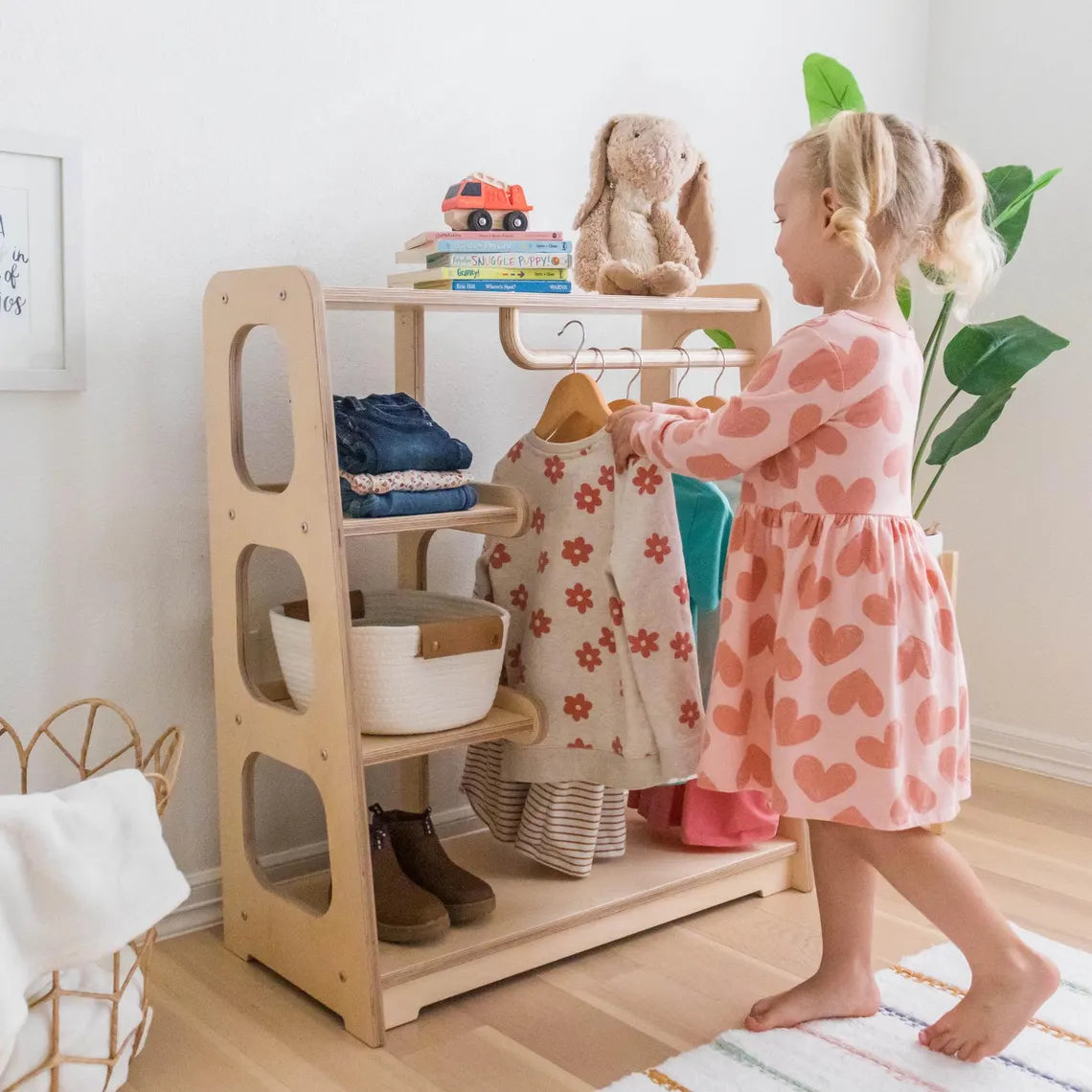 Montessori Wardrobe Toddler Clothing Rack, Kids Bedroom Dress Up and Playroom Storage