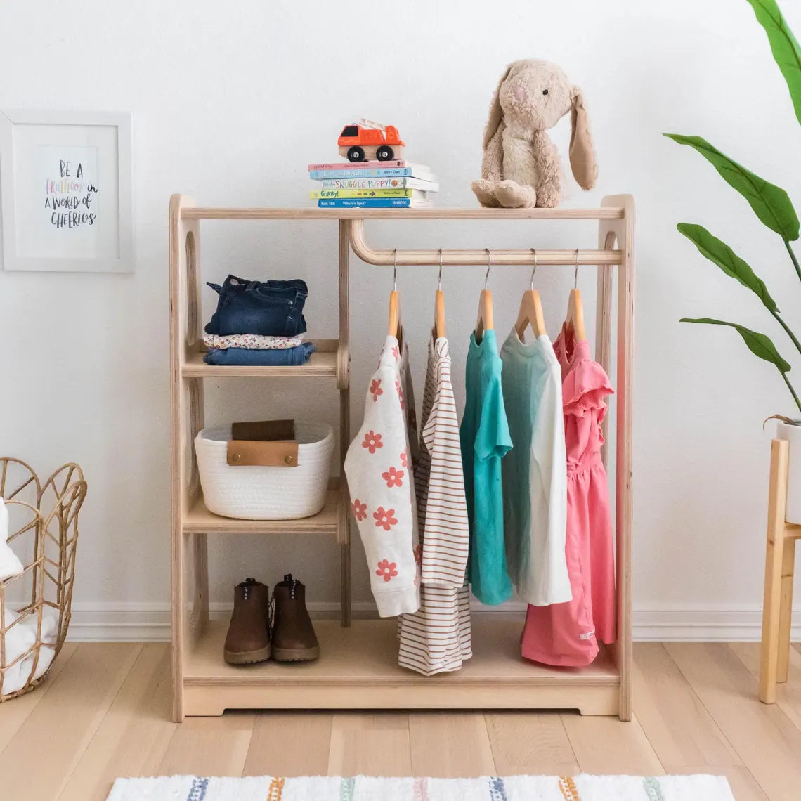 Montessori Wardrobe Toddler Clothing Rack, Kids Bedroom Dress Up and Playroom Storage