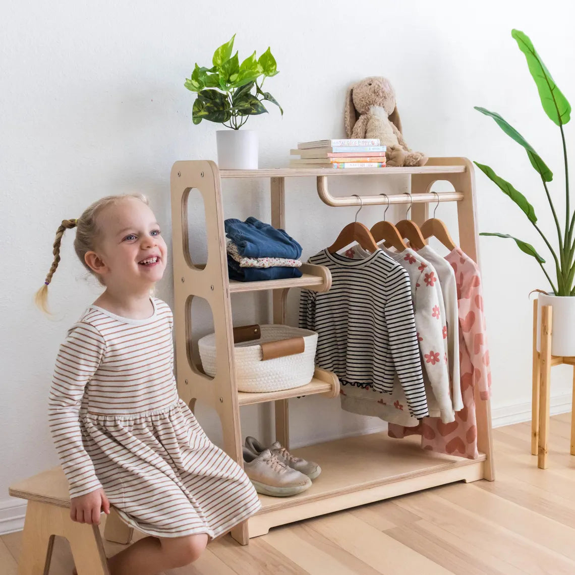 Montessori Wardrobe Toddler Clothing Rack, Kids Bedroom Dress Up and Playroom Storage