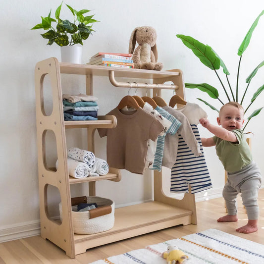 Montessori Wardrobe Toddler Clothing Rack, Kids Bedroom Dress Up and Playroom Storage