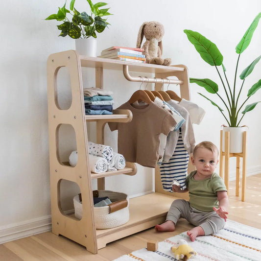 Montessori Wardrobe Toddler Clothing Rack, Kids Bedroom Dress Up and Playroom Storage
