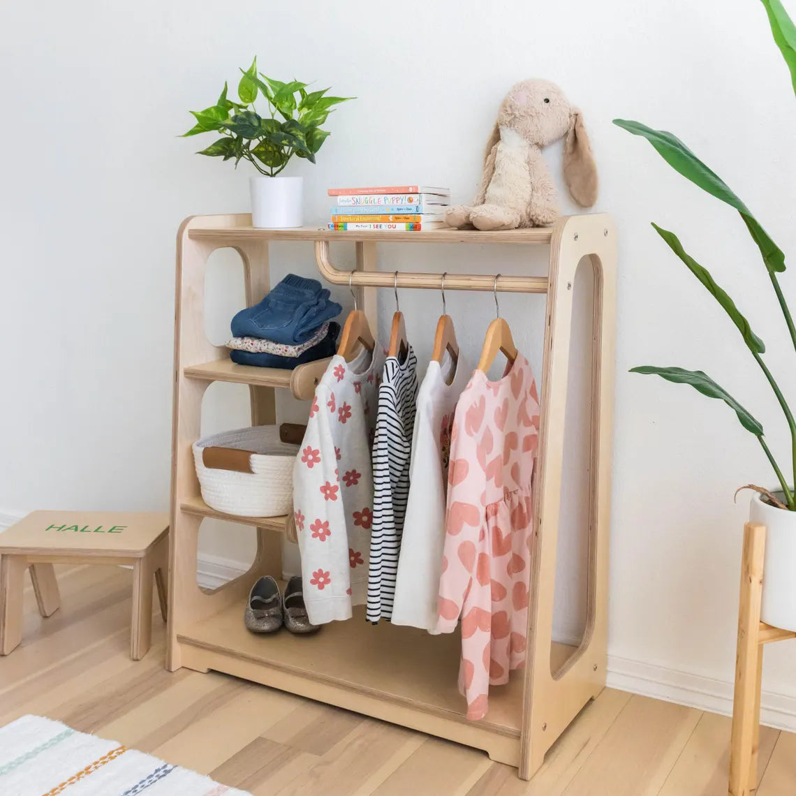 Montessori Wardrobe Toddler Clothing Rack, Kids Bedroom Dress Up and Playroom Storage