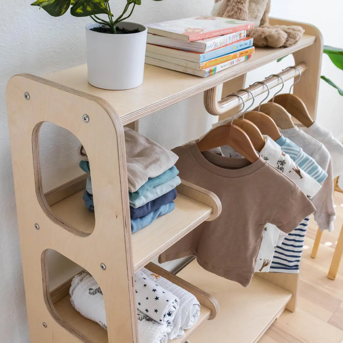 Montessori Wardrobe Toddler Clothing Rack, Kids Bedroom Dress Up and Playroom Storage