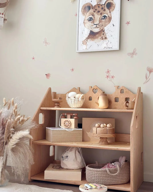 Personalized Montessori Bookshelf and Toy Storage — Wooden Furniture with Boxes for Kids Room