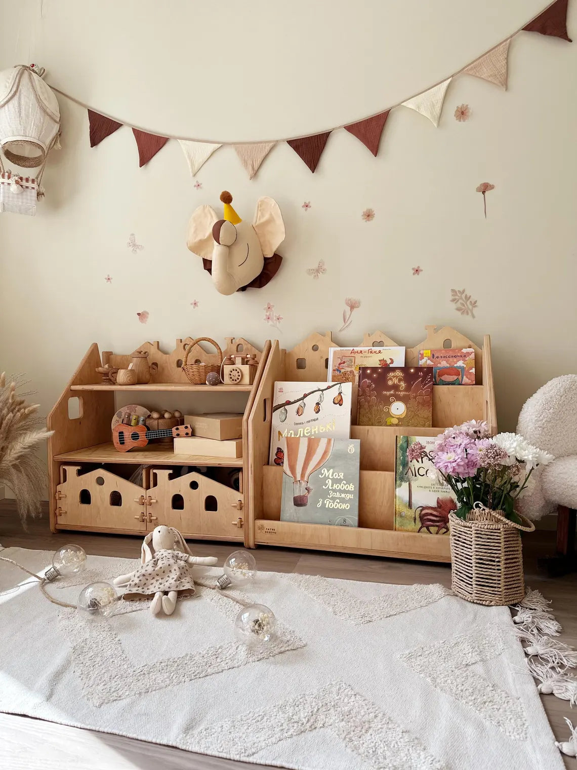 Personalized Montessori Bookshelf and Toy Storage — Wooden Furniture with Boxes for Kids Room