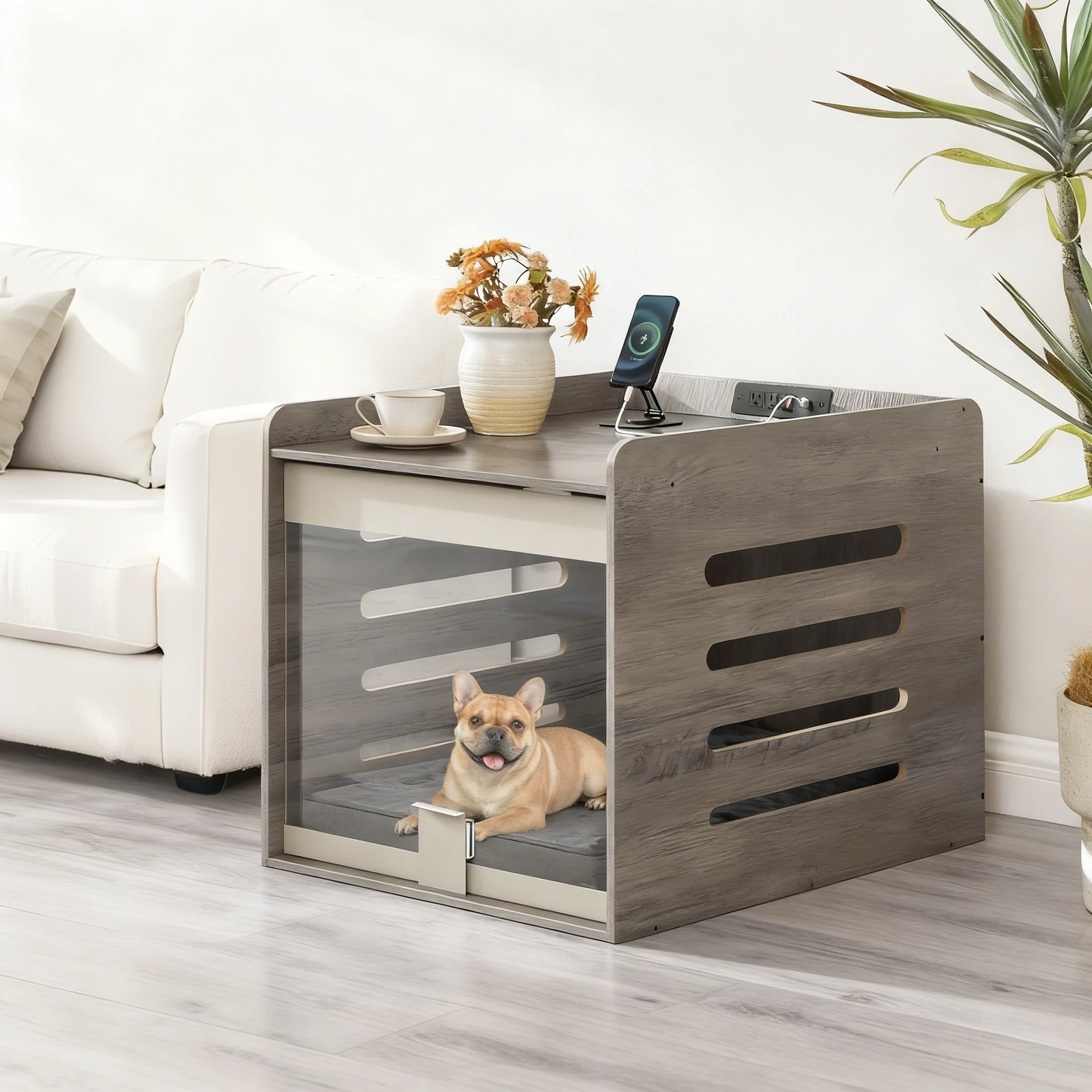 🐶Modern Dog Crate Furniture with Charging Station⚡Kennel Indoor with Flip-up Hidden Acrylic Door