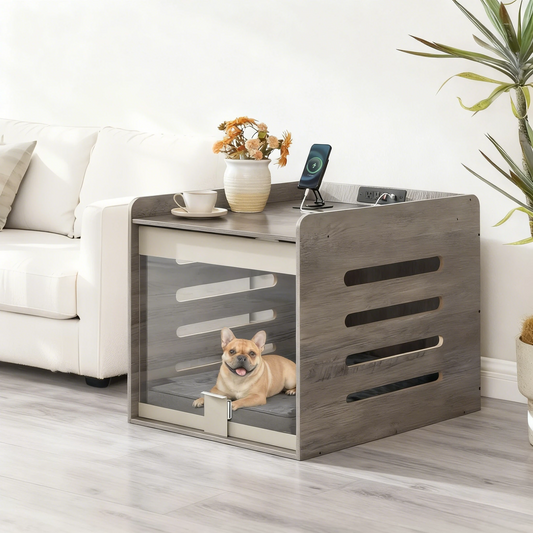🐶Modern Dog Crate Furniture with Charging Station⚡Kennel Indoor with Flip-up Hidden Acrylic Door